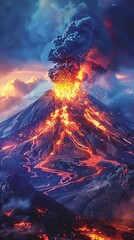 Summon the power of a fiery volcano erupting with molten lava, captured in stunning detail through photorealistic digital rendering , 2d draw pastel color style
