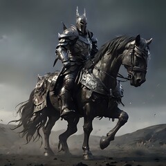 Possente cavaliere armato con armatura su cavallo potente protetto 