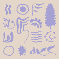 Abstract pattern with leaves of various shapes. Silhouettes of algae in pastel colors. Beige and lilac. Vector illustration.