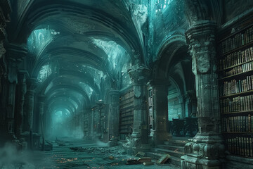 mystical ancient library with towering bookshelves and magical atmosphere in a fantasy world