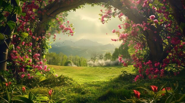 Beautiful enchanted landscape. Fantasy garden background. Magic meadow with spring blooming trees. Round frame with copy space in the middle. Fairy tale banner