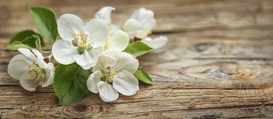 Apple blossoms on a wooden background during the spring season.