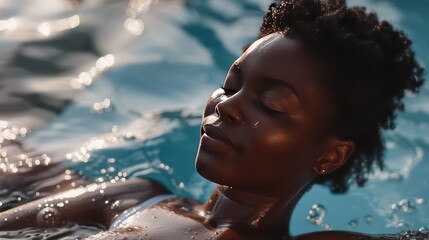 African woman finding serenity and peace at an outdoor spa, as she reclines by the swimming pool