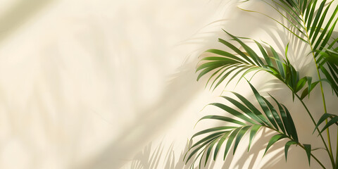 Fototapeta na wymiar Tropical palm leaves foliage with sunlight shadows on light cream wall. Minimalistic abstract beautiful blurred summer or spring background mockup for product presentation.
