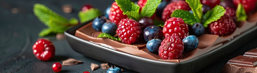 A chocolate dessert topped with fresh berries and mint leaves, soft tones, fine details, high resolution, high detail, 32K Ultra HD, copyspace