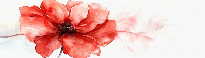 A delicate red flower painted in watercolor, showcasing intricate petal details, soft tones, fine details, high resolution, high detail, 32K Ultra HD, copyspace