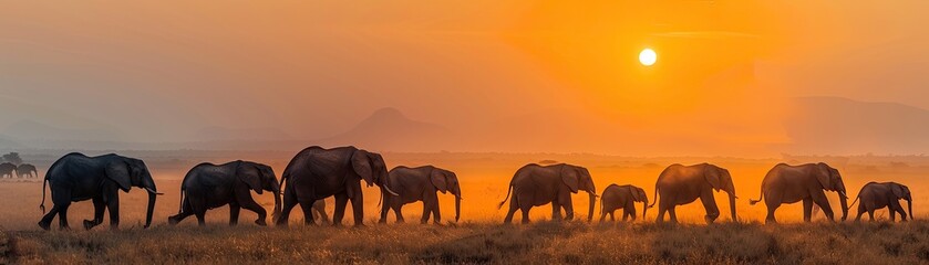 A dramatic herd of elephants marching through a dusty sunset in the wilderness, soft tones, fine details, high resolution, high detail, 32K Ultra HD, copyspace