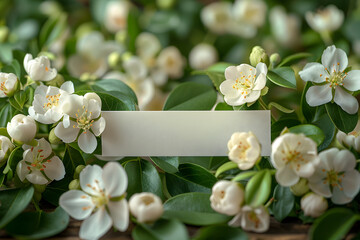 Empty rectangle label mockup with jasmine flowers. Blank price, gift, sale, designation,...