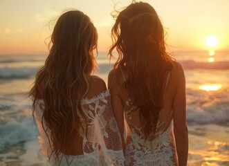 two girls with long brown hair in boho style white dresses standing on sandy beach and looking at...