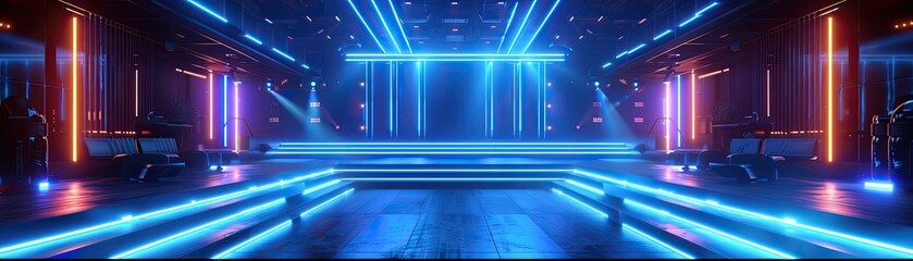 A futuristic stage illuminated with blue neon lights, soft tones, fine details, high resolution, high detail, 32K Ultra HD, copyspace