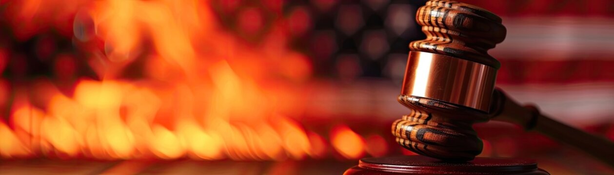A gavel burns fiercely with an American flag backdrop symbolizing urgency in justice, soft tones, fine details, high resolution, high detail, 32K Ultra HD, copyspace