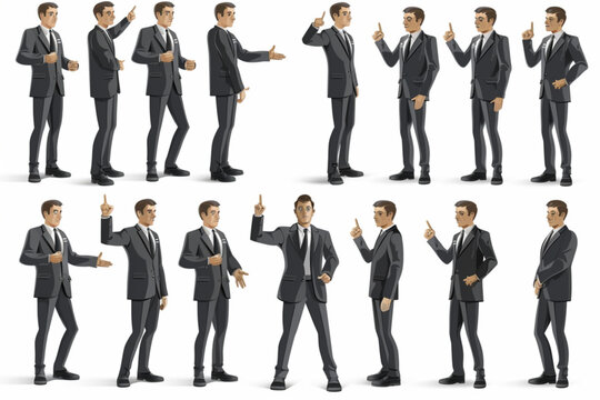Business man shows and indicates something. The guy points his finger and holds an object in his palm. Vector illustration 3D avatars set vector icon, white background, black colour icon