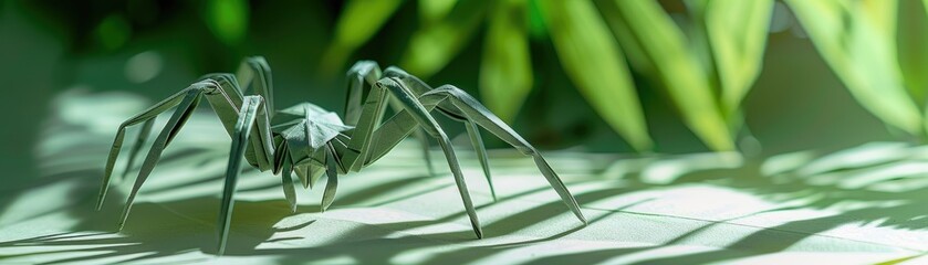 An intricate origami spider casts a large shadow over folded paper foliage, soft tones, fine details, high resolution, high detail, 32K Ultra HD, copyspace