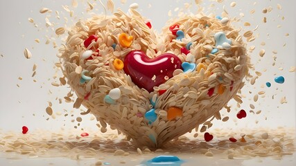 A whimsical depiction of a heart-shaped mass formed by very tiny oatmeal flakes immersed in a burst of fresh liquid milk. The oatmeal flakes are portrayed with exaggerated textures and playful colors,