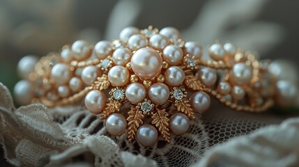 Vintage Pearl Brooch on Lace Texture