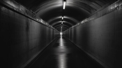 Dark and creepy underground tunnel with no people and artificial lighting