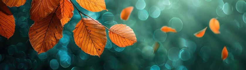 Crisp orange leaves falling gently against a deep green background, soft tones, fine details, high resolution, high detail, 32K Ultra HD, copyspace - obrazy, fototapety, plakaty