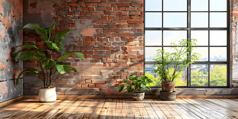 Empty room with lights and shadows from big window in loft style with copy space. Brick wall mockup background with wooden floor and home plants.