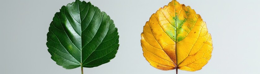 Diptych contrasting a fresh green leaf against a fading yellow one, soft tones, fine details, high resolution, high detail, 32K Ultra HD, copyspace