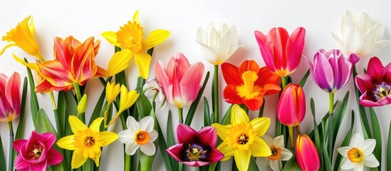 Spring flowers like daffodils and tulips.