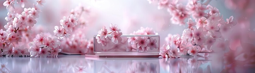 Ethereal cherry blossoms enveloping a solitary showcase in soft light, soft tones, fine details, high resolution, high detail, 32K Ultra HD, copyspace
