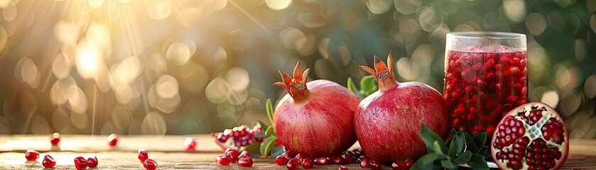 Fresh pomegranate juice with ripe fruits and sunlight filtering through, soft tones, fine details, high resolution, high detail, 32K Ultra HD, copyspace - obrazy, fototapety, plakaty