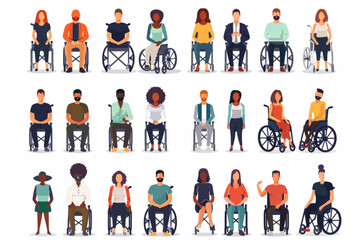 Business multinational team. A group of people, colleagues of different ages and races together. Person with disability in a wheelchair 3D avatars set vector icon, white background, black colour icon