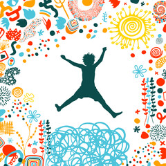 Silhouette of a happy boy jumping. Abstraction happy childhood. hand drawing. Not AI, Vector illustration