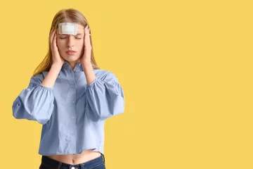 Fotobehang Young woman with brain concussion and medical patch on yellow background © Pixel-Shot