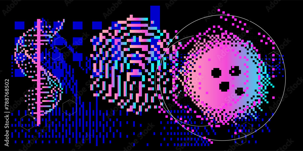 Poster Bright neon glitchy background. Concept vector illustration of a broken program code or malware attack. 