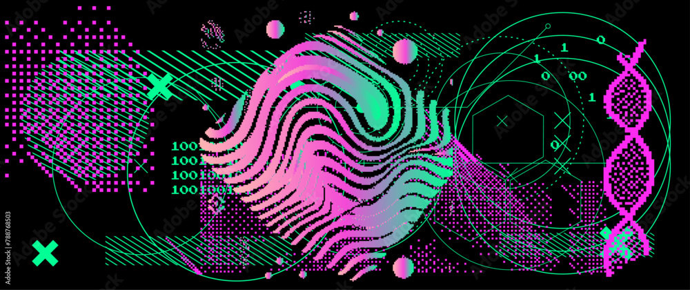 Poster Abstact grunge sci-fi background with geometic pixelated figures and patterns.