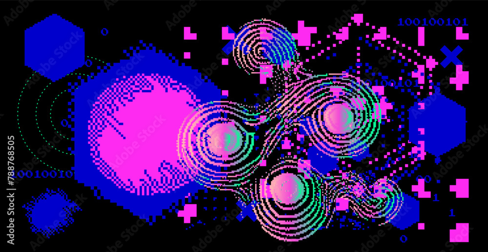 Poster Abstact grunge sci-fi background with geometic pixelated figures and patterns.