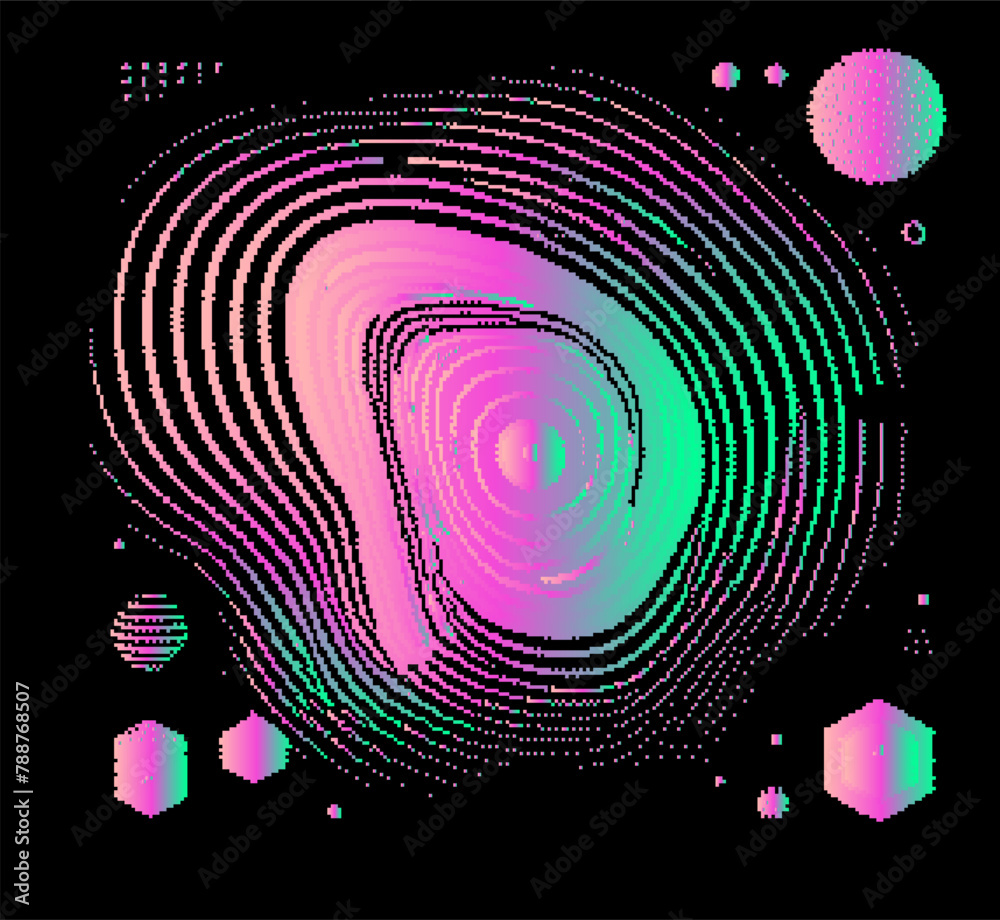 Poster Abstact grunge sci-fi background with geometic pixelated figures and patterns.
