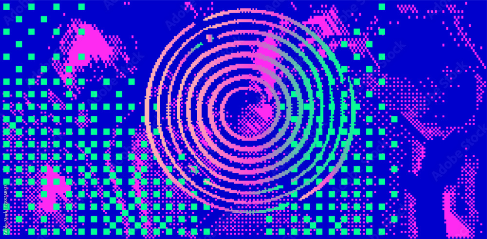 Poster Bright neon glitchy background. Concept vector illustration of a broken program code or malware attack. 