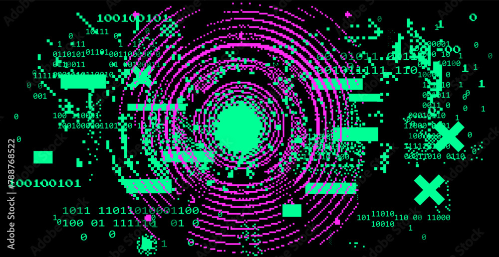 Poster Abstact grunge sci-fi background with geometic pixelated figures and patterns.