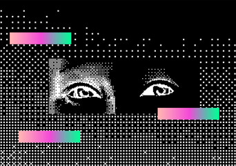 Illustration of a human eyes on a pixelated and glitched bakground. Technology and surveillance concept.