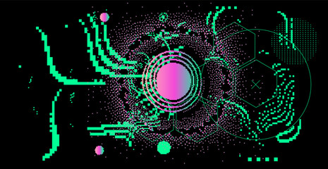 Abstact grunge sci-fi background with geometic pixelated figures and patterns.