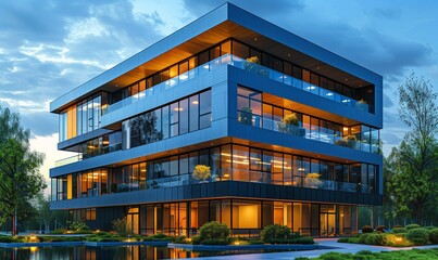 Modern unique sustainable office building. AI Generated