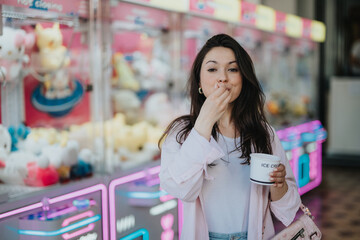 A cheerful young lady eating ice cream with a blurred arcade game background. Capturing leisure and happiness.