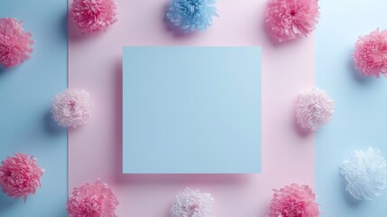 A square of paper with flowers on a blue and pink background, AI