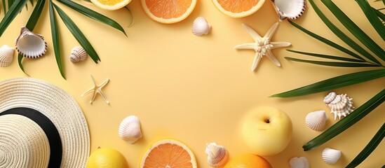 Obraz na płótnie Canvas A composition for summer featuring fruits, a hat, tropical palm leaves, and seashells on a soft yellow background. Reflecting the essence of summer with a flat lay style, top view, and room for text.