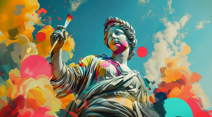 Background with a colorful statue with paintbrush in hand