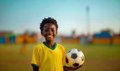 African American boy in yellow and green football uniform smiling and holding ball in stadium - 788769370