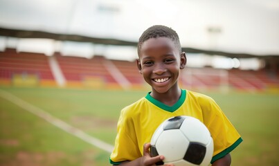 African American boy in yellow and green football uniform smiling and holding ball in stadium - obrazy, fototapety, plakaty