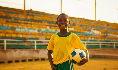 African American boy in yellow and green football uniform smiling and holding ball in stadium