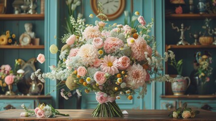   A bouquet of flowers rests on a table, facing a wall adorned with a clock and shelves filled with vases - obrazy, fototapety, plakaty
