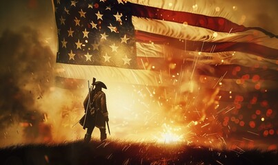 A soldier standing against the background of the American flag and bright bokeh, a banner for Independence Day - 788769510