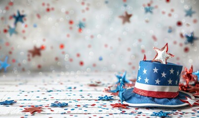 Red white and blue hat and stars with sparkles on gray background. AI Generated - 788769529