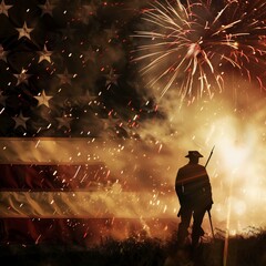 A soldier standing against the background of the American flag and bright bokeh, a banner for Independence Day - 788769531