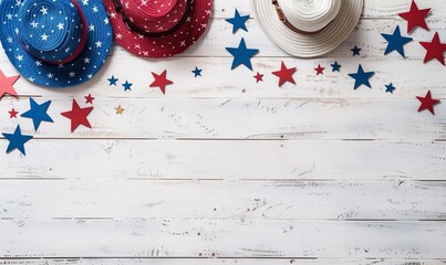 Red white and blue hat and stars on a white wooden background. AI Generated - 788769557